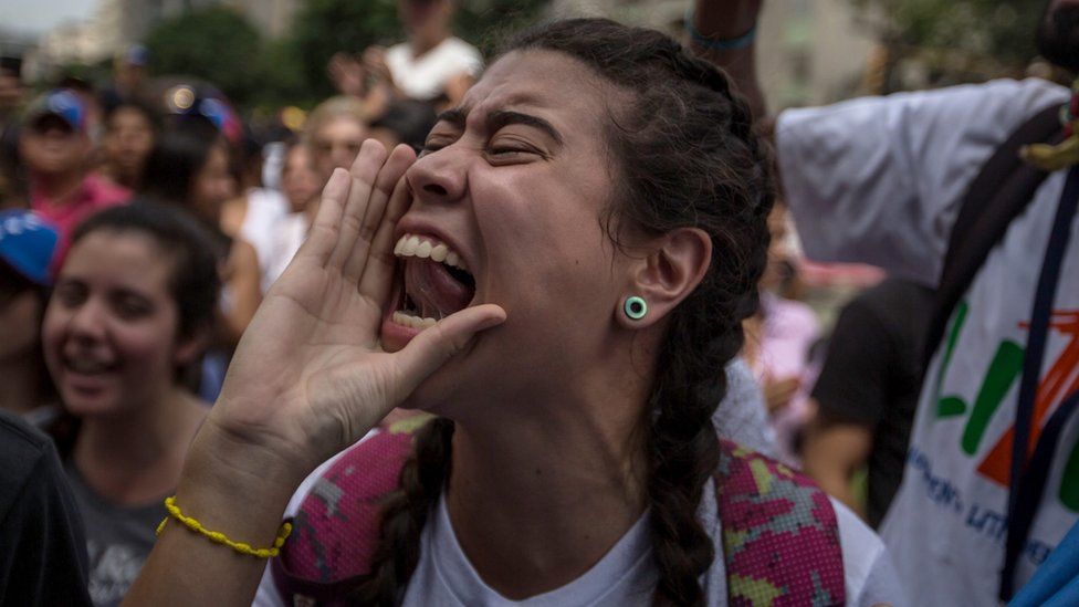 A woman shouts during a demonstration in Caracas, Venezuela, 26 October 2016