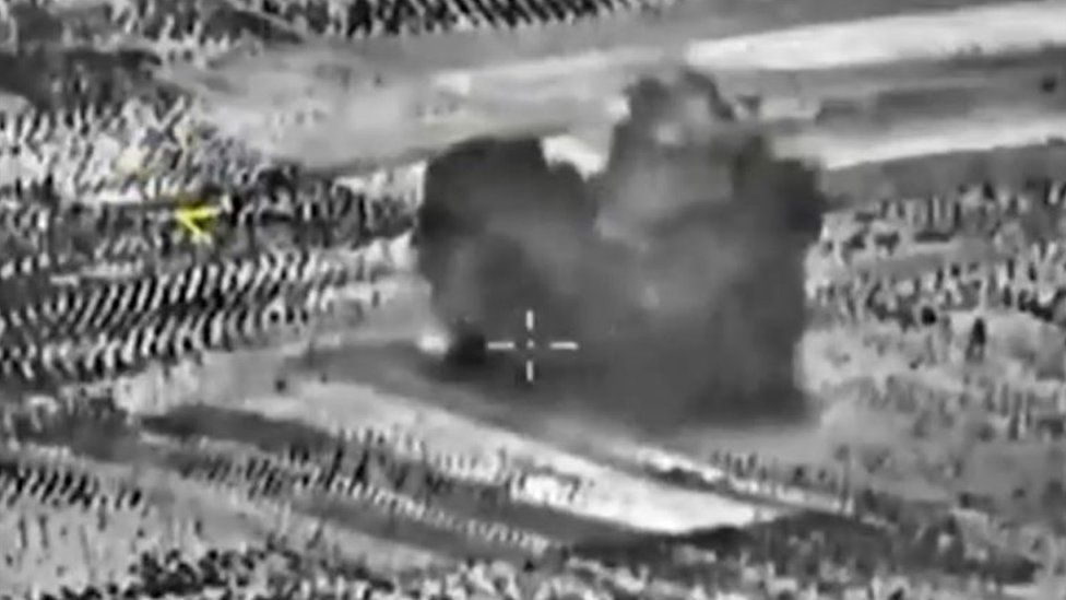 Screen grab of footage taken on 2 October 2015 said to show a strike carried out by Russian warplanes near Maarrat Al-Nuuman, Idlib province, Syria