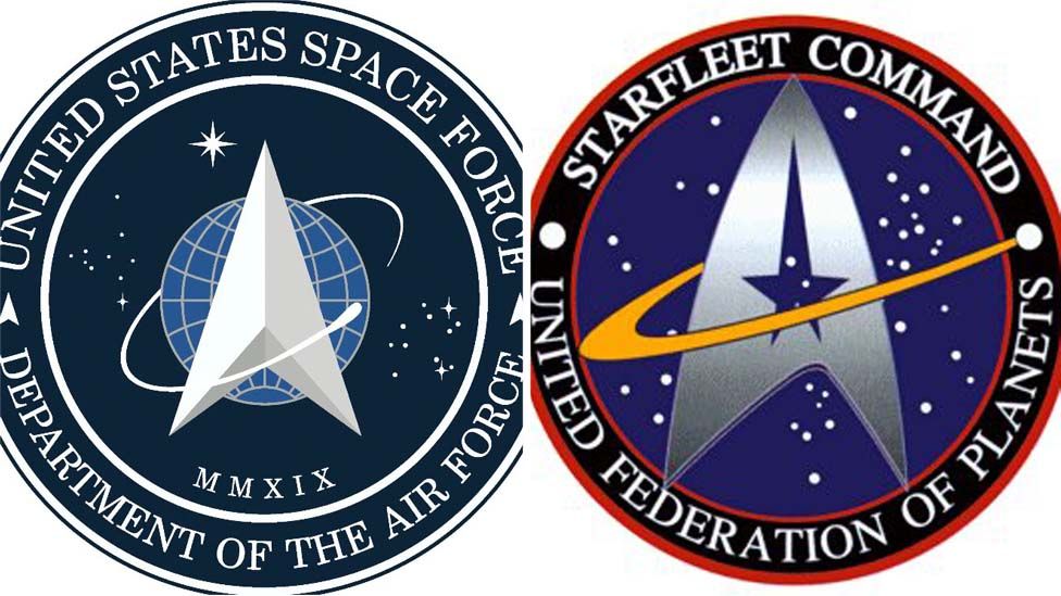 US Space Force logo on left and the Star Trek emblem on right