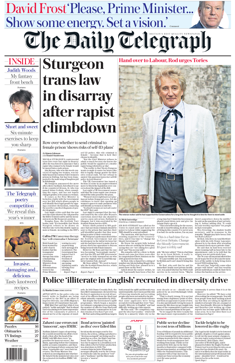 The Daily Telegraph front page 27 January 2023