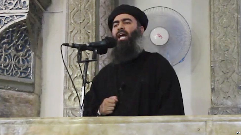 The IS leader, Abu Bakr al-Baghdadi, speaks at a mosque in Baghdad