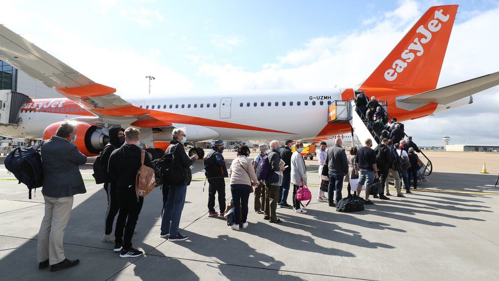 Passengers getting on an EasyJet flight at Gatwick