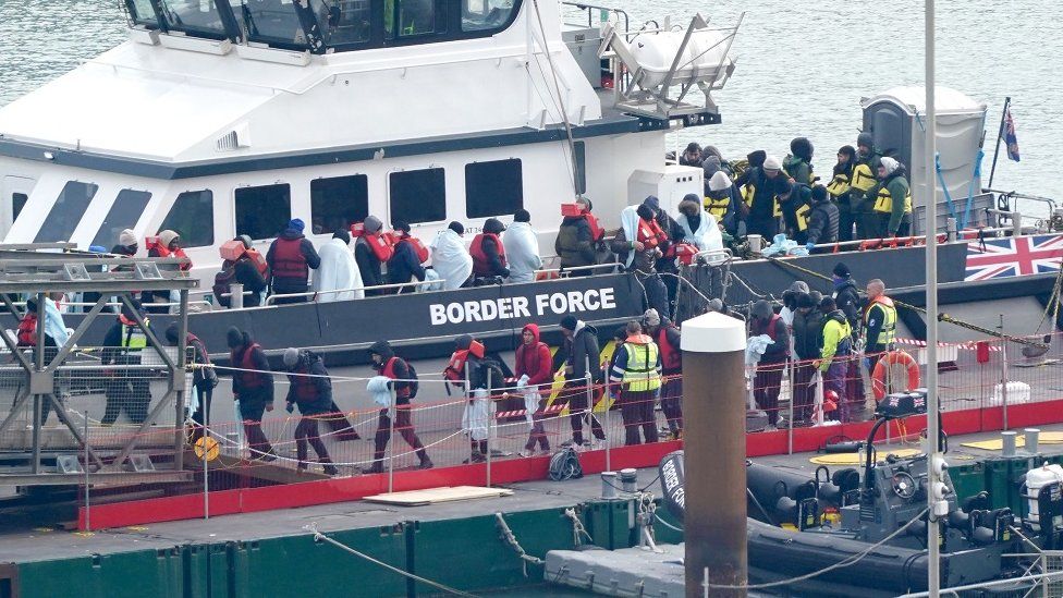 A group of people thought to be migrants are brought in to Dover, Kent, onboard a Border Force vessel following a small boat incident in the Channel