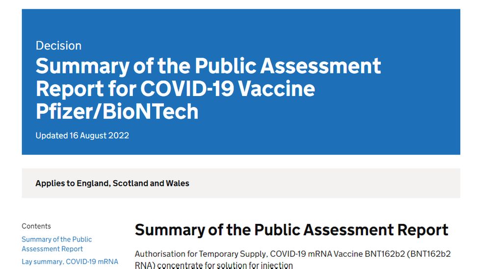 Une lecture de page Web : Résumé du rapport d'évaluation public pour le vaccin COVID-19 Pfizer/BioNTech.  Mis à jour le 16 août 2022