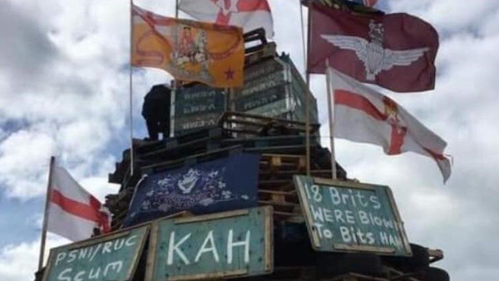 Some of the signs and flags placed on the Newry bonfire