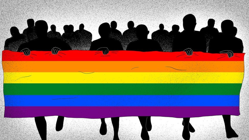 Parade of shadowed people holding a rainbow flag