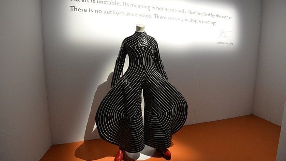 This picture taken on February 27, 2015 shows a costume created by Japanese fashion designer Kansai Yamamoto and used by David Bowie, during a press preview of an exhibition dedicated to the British singer at the Philarmonie in Paris