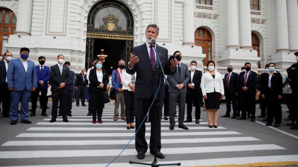 Francisco Sagasti addresses the media after he was elected by Congress as Peru's interim president, in Lima, November 16, 2020