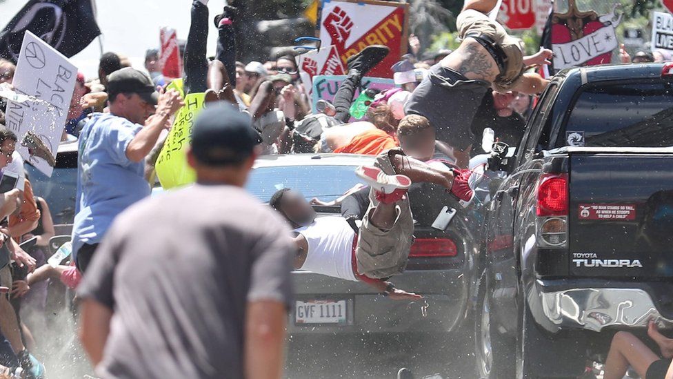 Car hits protesters in Charlottesville, 12 August 2017