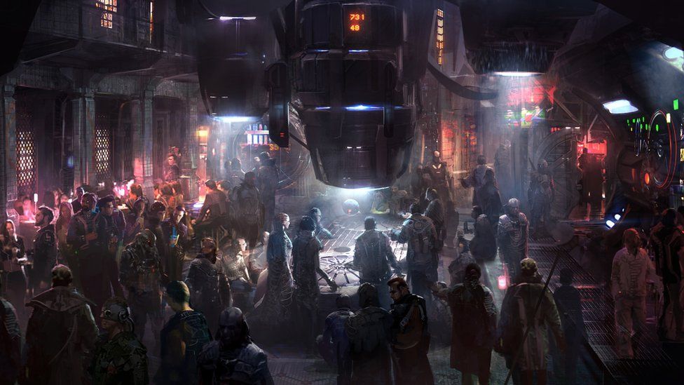 Concept art for Guardians of the Galaxy showing the Boot of Jemiah, a bar on the space colony of Exitar