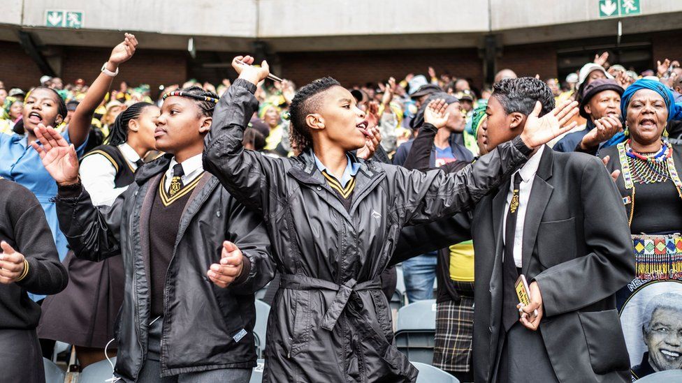 South African students joined mourners at the Olando Stadium in Soweto, outside Johannesburg, on 11 April 2018