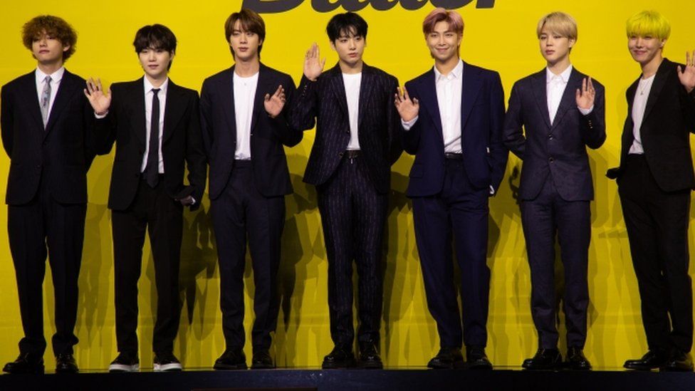 BTS pose as they arrive for their new digital single album "Butter" launch at Olympic hall on Olympic park in Seoul, South Korea,