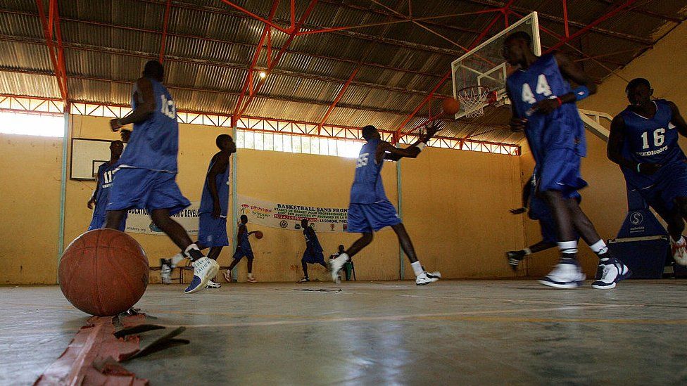 Senegalese basketball players attend a training session