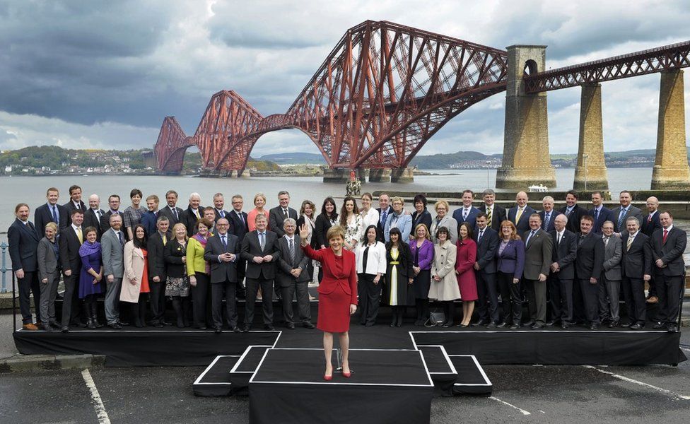 Nicola Sturgeon and SNP MPs in front of the Forth Bridge in Queensferry