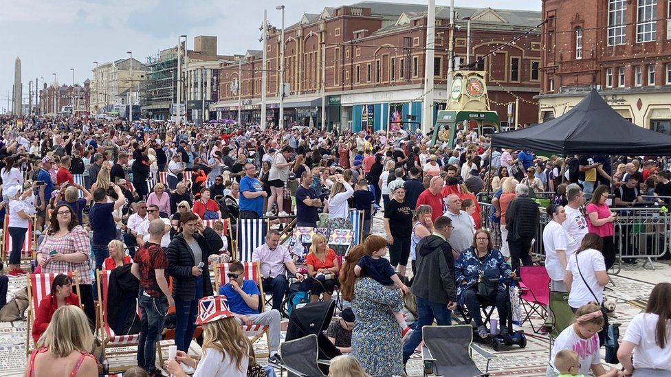 Crowds in Blackpool on deck chairs