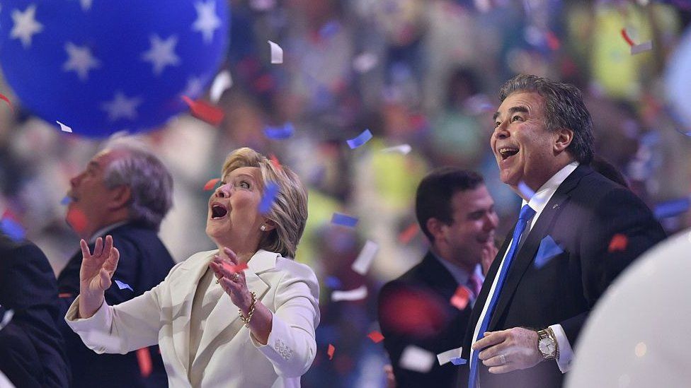 Balloons descend as Democratic presidential nominee Hillary Clinton celebrates