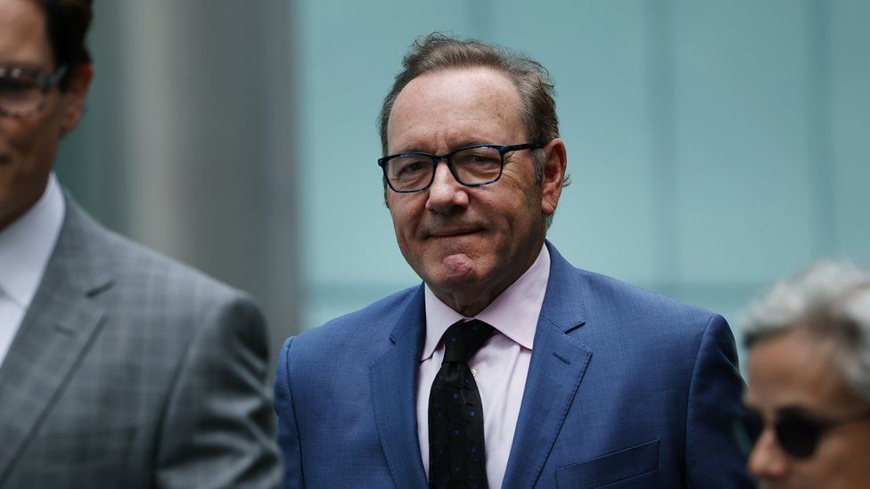 Kevin Spacey appearing outside court in a blue suit, wearing a pair of glasses on Wednesday 20 July