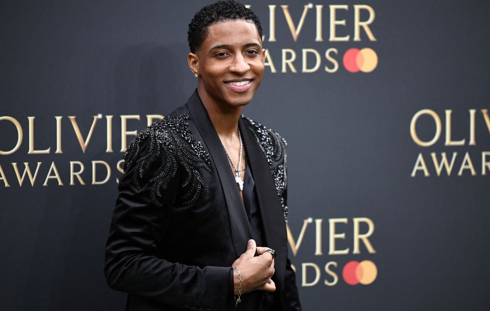 US actor Myles Frost poses on the green carpet upon arrival to attend The Olivier Awards at the Royal Albert Hall in central London on April 14, 2024