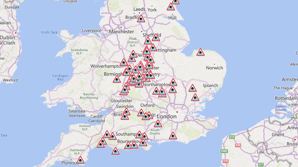 A map shows the flood warnings in place across England for Friday. They are concentrated around Birmingham, Derby, Milton Keynes, and east Yorkshire. They are also along the south coast, including in Southampton, Bournemouth, Weymouth, and Plymouth.