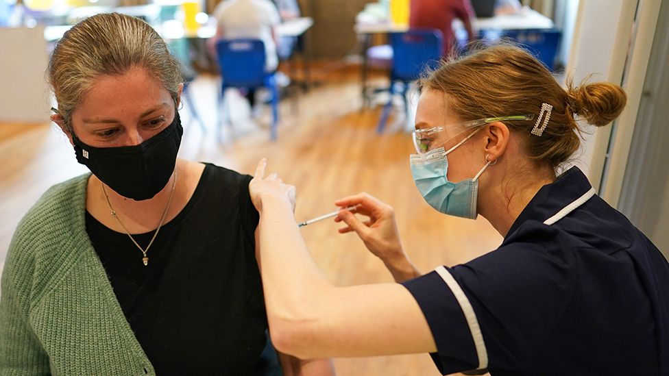 Sarah Robinson-Gay from Hexham receives the Pfizer-BioNTech COVID-19 vaccine at the Hexham Mart Vaccination Centre on May 13, 2021
