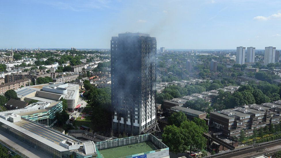 A general view of the burning 24 storey residential Grenfell Tower block in Latimer Road