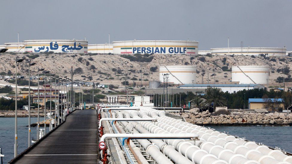 An Iranian oil facility on Khark Island, on the shore of the Persian Gulf