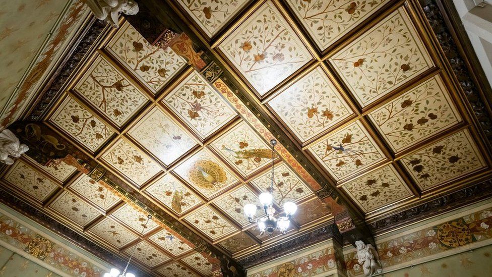 A newly restored ceiling in one of the reception rooms