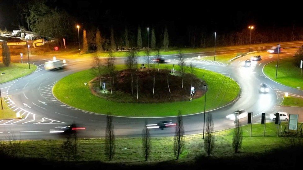 A drone shot of a roundabout near Kilnwood Vale