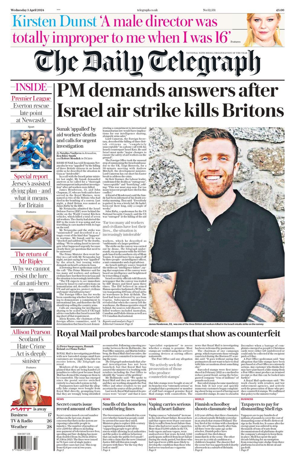 The Daily Telegraph front page. The headline reads: PM demands answers after Israel air strike kills Britons