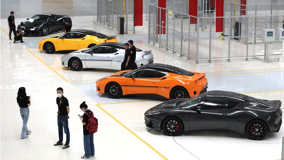 Lotus sports cars are on display at a factory of Wuhan Lotus Technology on July 15, 2022 in Wuhan, Hubei Province of China.