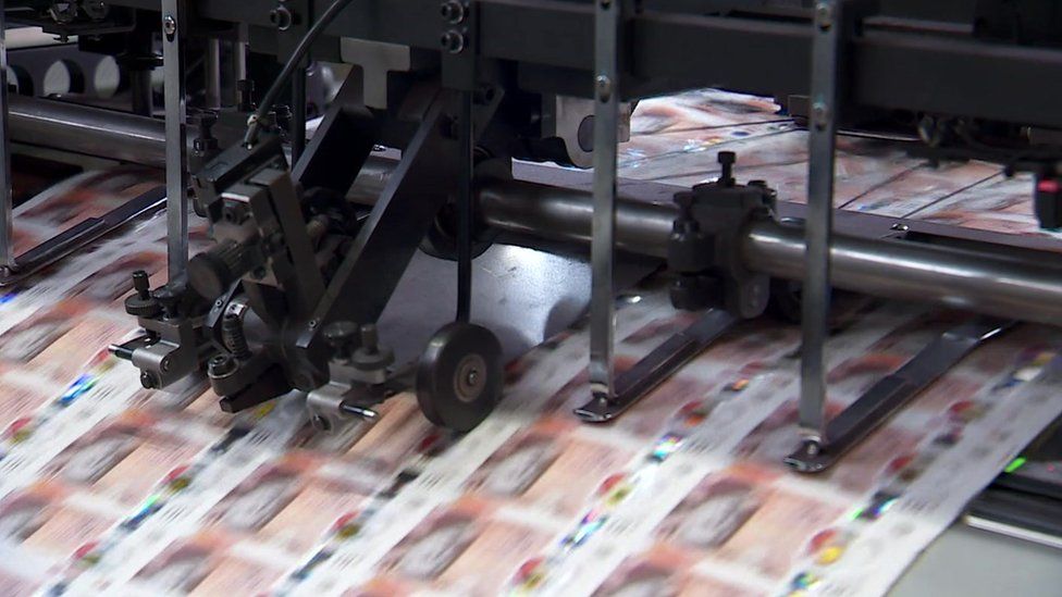 Banknotes featuring King Charles being printed