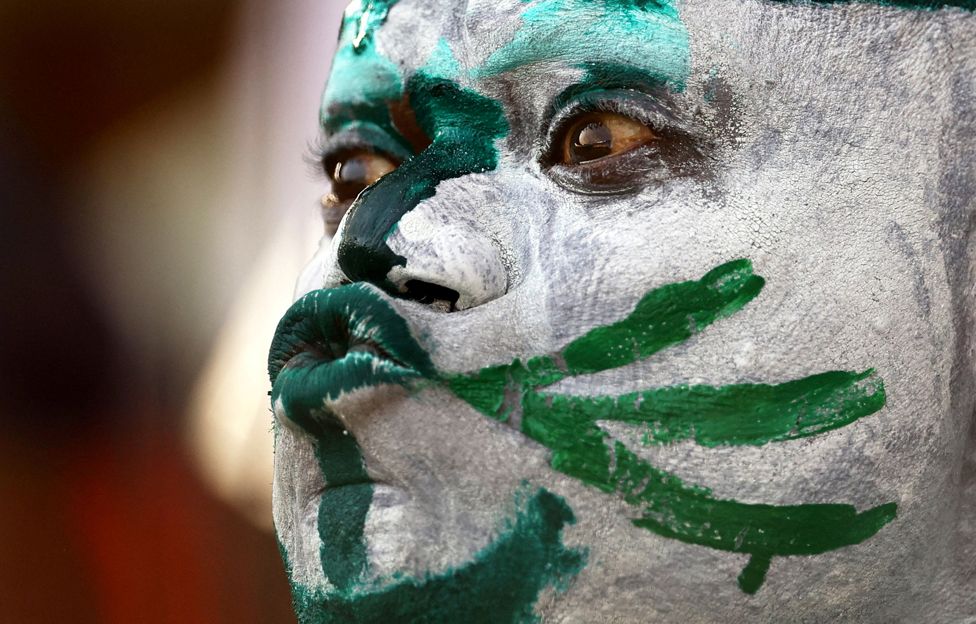A Nigeria fan is pictured inside the stadium before the Africa Cup of Nations semi final match against South Africa