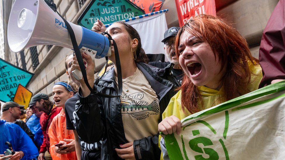 Изображение протестующих против изменения климата в Нью-Йорке