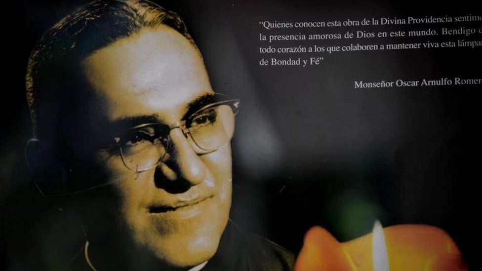 Picture of a banner with a portrait of Archbishop Oscar Arnulfo Romero taken at La Divina Providencia Chapel in San Salvador on March 21, 2011.