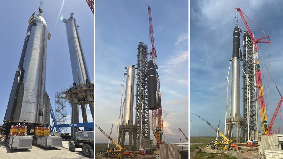 Biggest Ever Rocket Is Assembled Briefly In Texas Bbc News