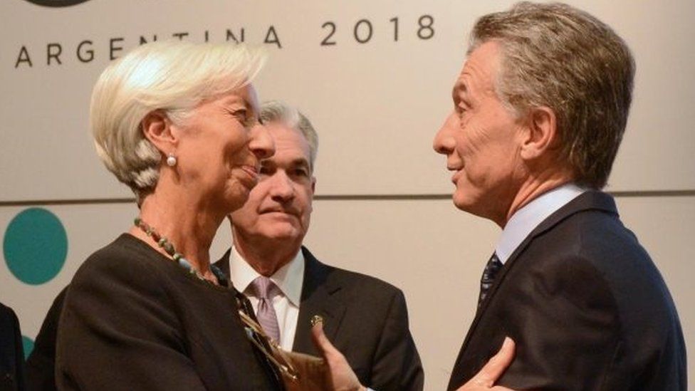 Argentine President Mauricio Macri (right) greet the managing director of the International Monetary Fund, Christine Lagarde