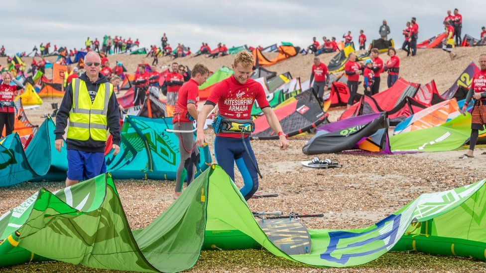 Kitesurfers take part in Virgin Kitesurfing Armada Festival at Hayling Island