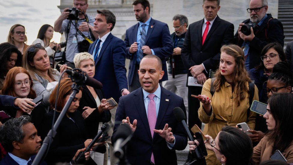 House Minority Leader Hakeem Jeffries speaks to reporters on the East Steps of the U.S. Capitol on October 17, 2023