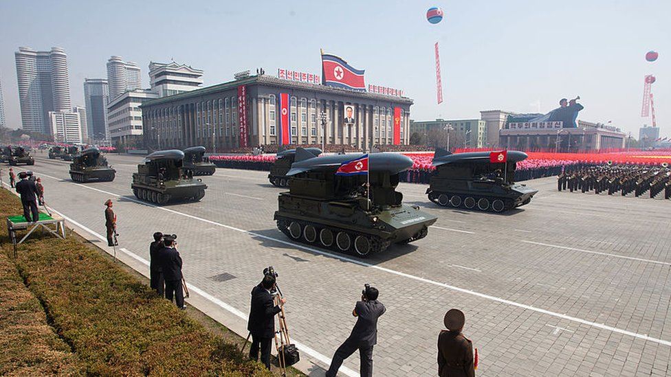 Ground-to-sea Styx missiles are displayed during a military parade in honour of the 100th birthday of the late North Korean leader Kim Il-Sung in Pyongyang on 15 April 2012