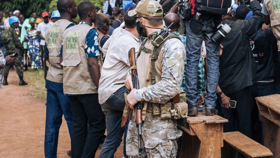A private Russian security guard pictured in Bangui, CAR in December 2020