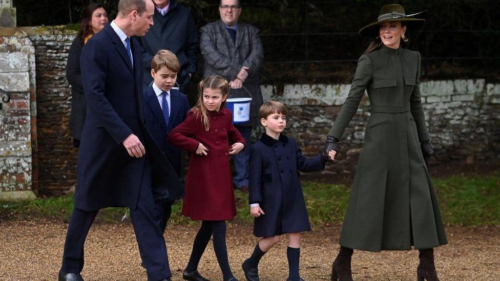 The Prince and Princess of Wales and their children greeting crowds at Sandringham