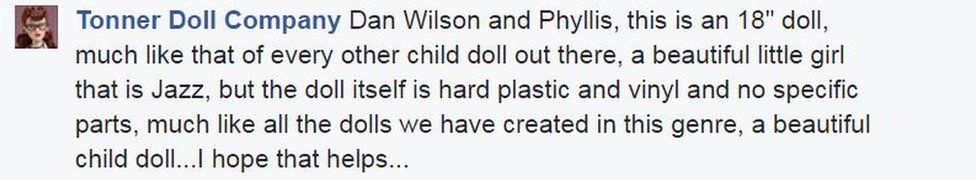 Tonner Doll Company: This is an 18" doll, much like that of every other child doll out there, a beautiful little girl that is Jazz, but the doll itself is hard plastic and vinyl and no specific parts, much like all the dolls we have created in this genre, a beautiful child doll...I hope that helps...