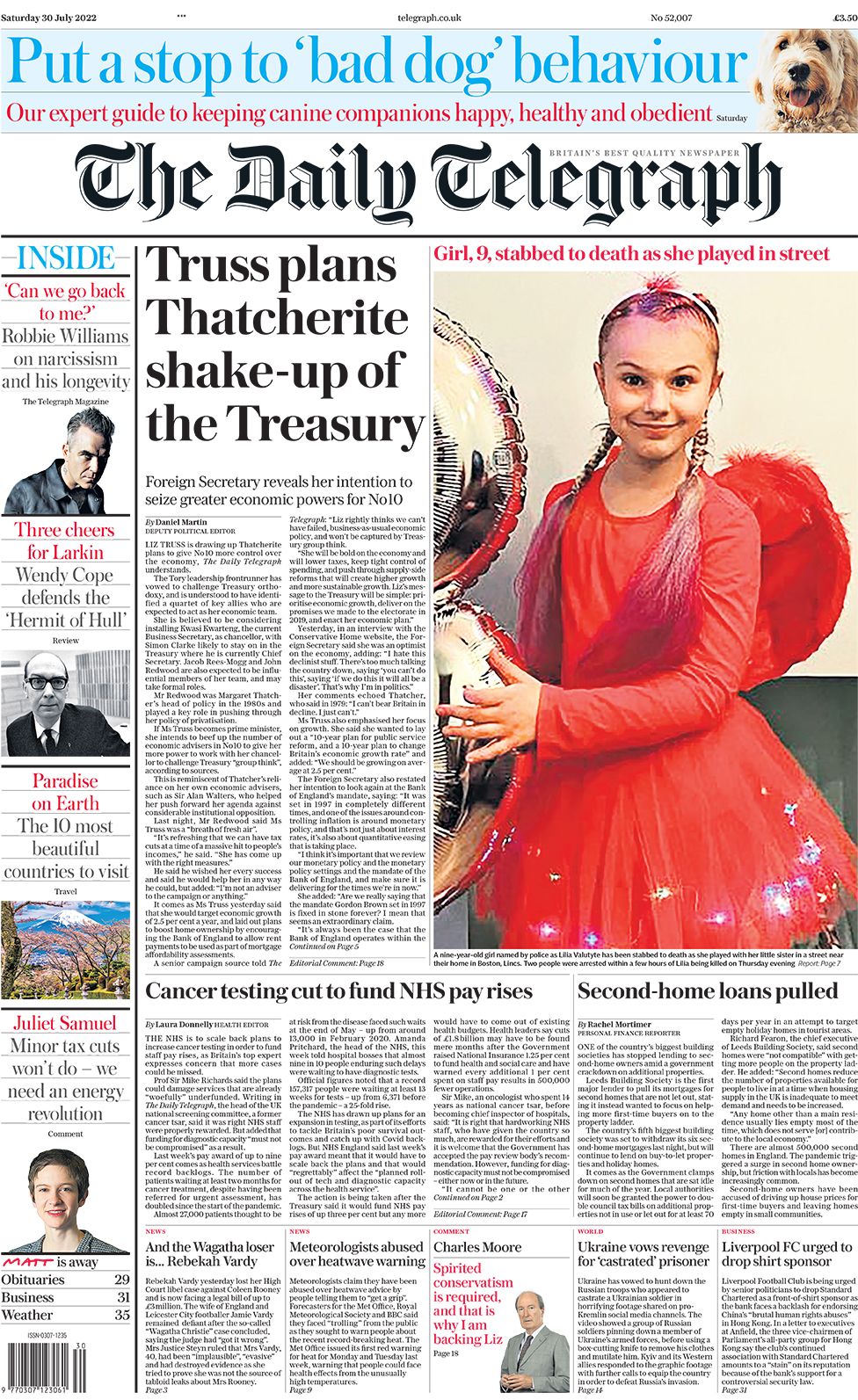 The Daily Telegraph front page 30 July 2022