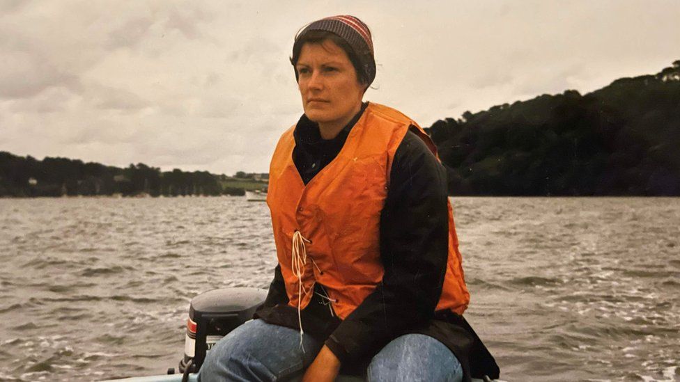 Joan on a boat on Helford River, Cornwall