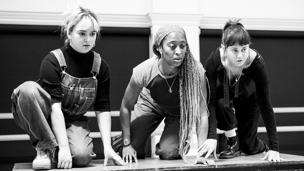 MACBETH in rehearsals. Lola Shalam (Third Witch), Danielle Fiamanya (Second Witch) and Lucy Mangan (First Witch)