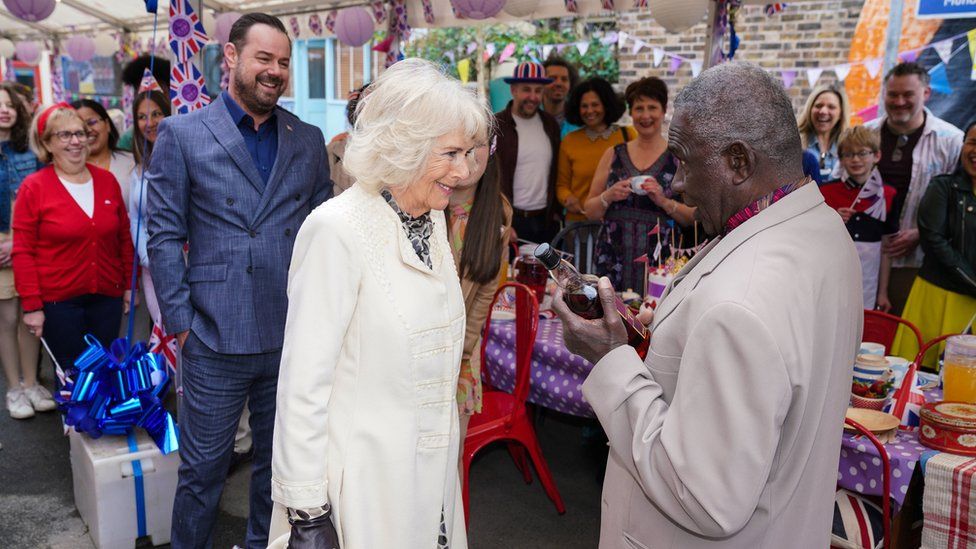 The Duchess of Cornwall meets members of the EastEnders cast on the soap's set