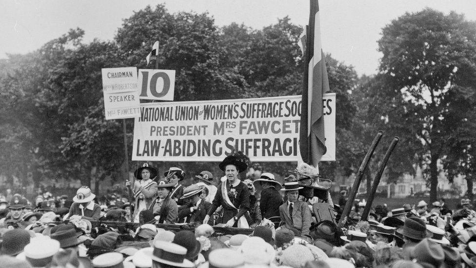 Dame Millicent Fawcett addressing suffragists