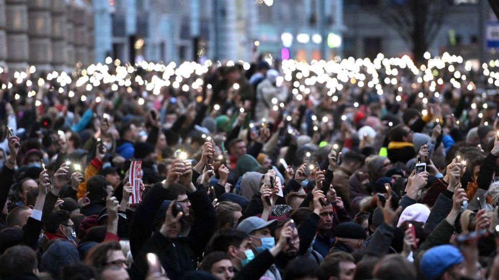 Supporters of jailed Russian opposition politician Alexei Navalny during a rally in Moscow, Russia. Photo: 21 April 2021