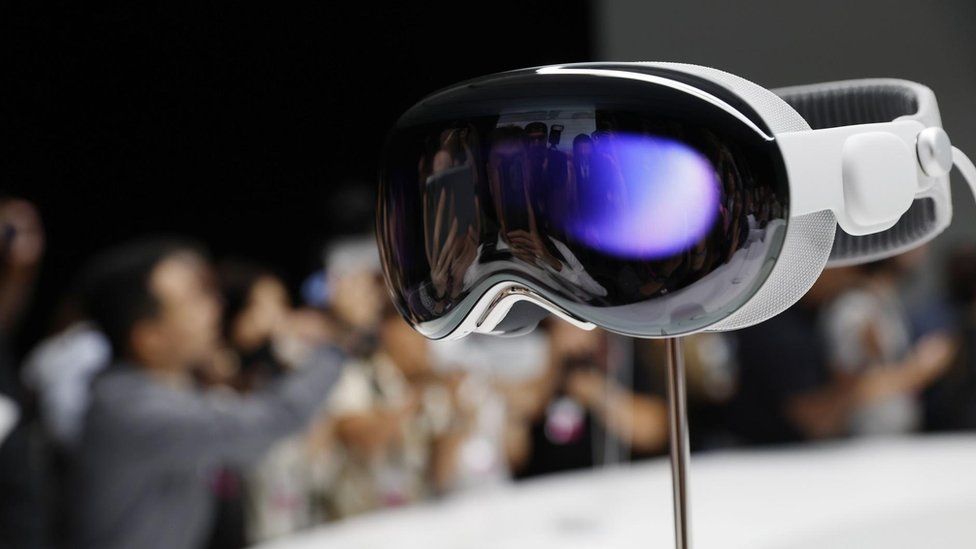 The Apple Vision Pro headset was on display after the announcement
