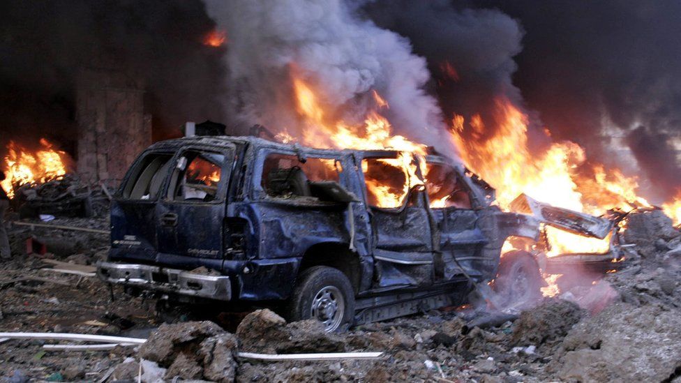 Aftermath of car bomb attack in Beirut on 14 February 2005 that killed former Lebanese Prime Minister Rafik Hariri